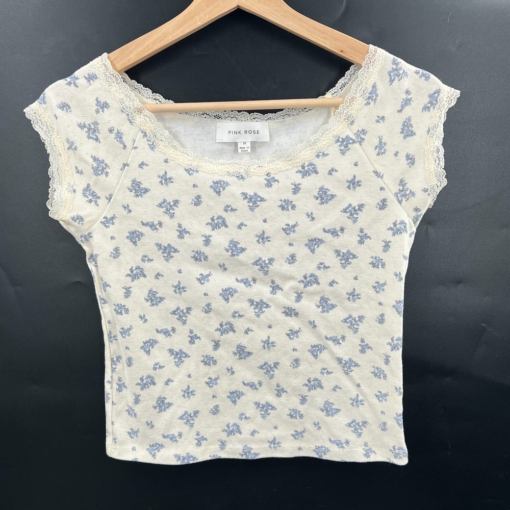 Pink Rose Cream Lace-Trim Crop Top with Blue Floral Print